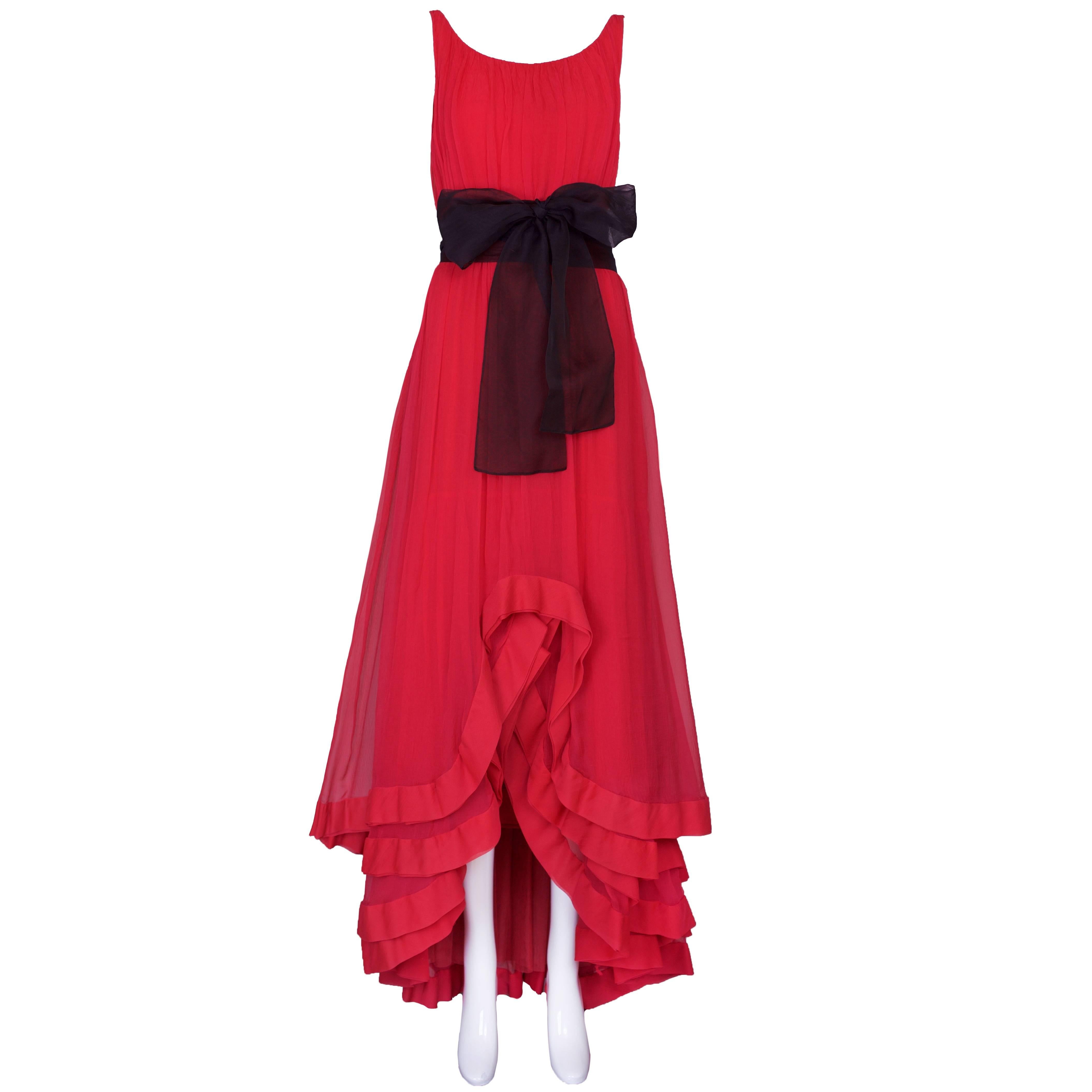 Red Valentino Couture Silk Chiffon Gown w/Tiered Waterfall Hem & Sash Circa1968/1970