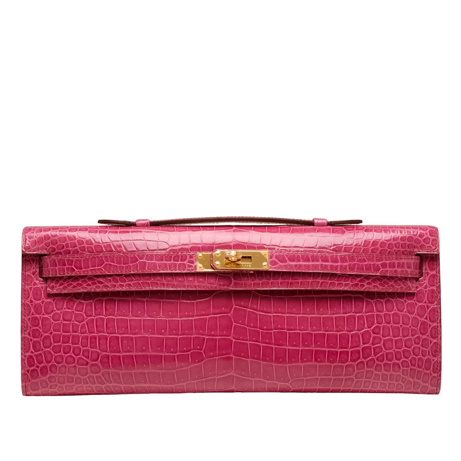Hermes Fuchsia Shiny Niloticus Crocodile Kelly Cut Gold Hardware NEW For Sale