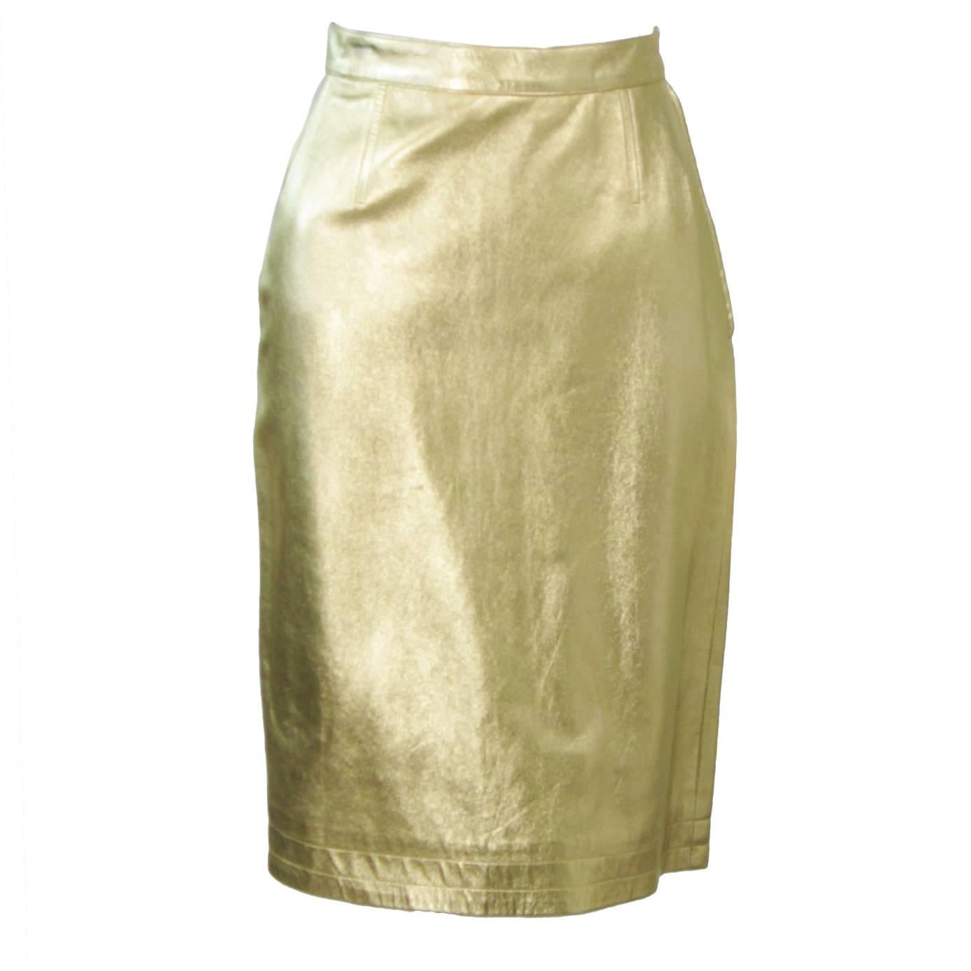 YVES SAINT LAURENT Gold Foil Metallic Leather Pencil Skirt Size 42 For Sale