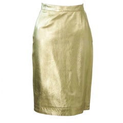 Vintage YVES SAINT LAURENT Gold Foil Metallic Leather Pencil Skirt Size 42