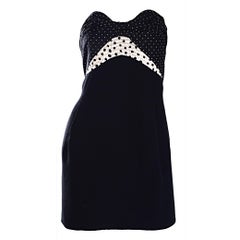 Retro Geoffrey Beene 1990s Black and White Polka Dot Vintage Strapless Dress 