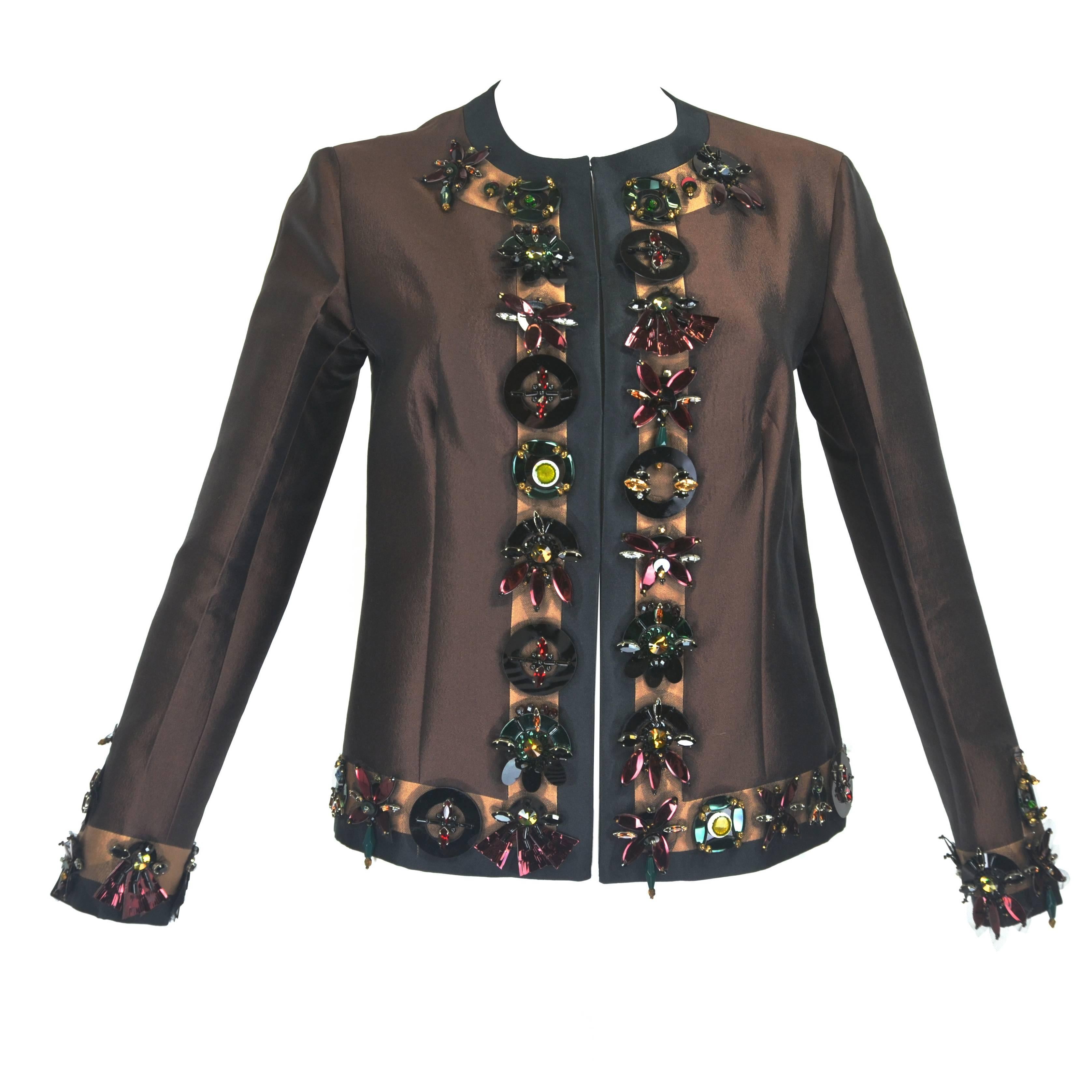 Prada Silk Wool Evening Jacket with Paillettes and Rhinestones For Sale