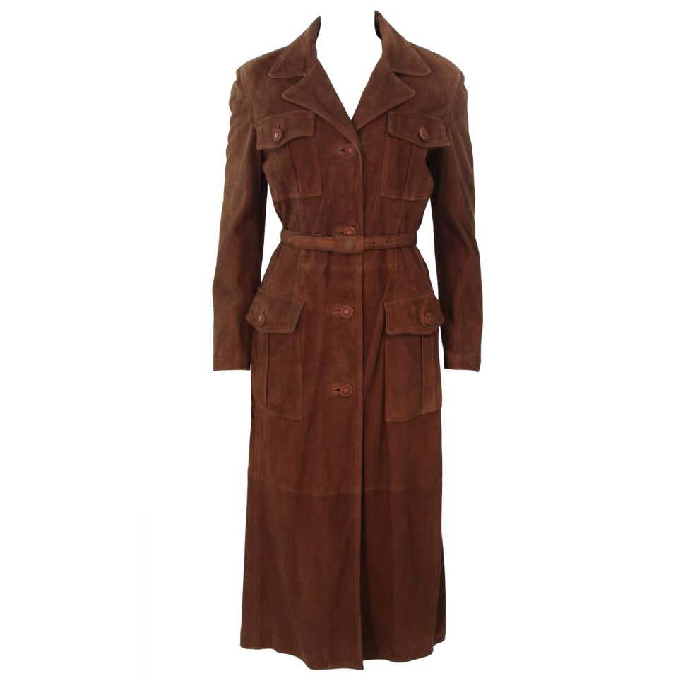GIANNI VERSACE Brown Suede Trench Coat with Belt Size 6 at 1stDibs ...