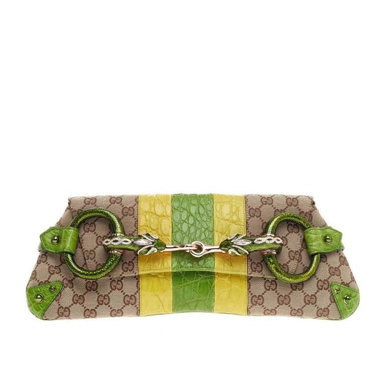 Gucci Jeweled Snake Head Horsebit Chain Strap Clutch GG Canvas and ...