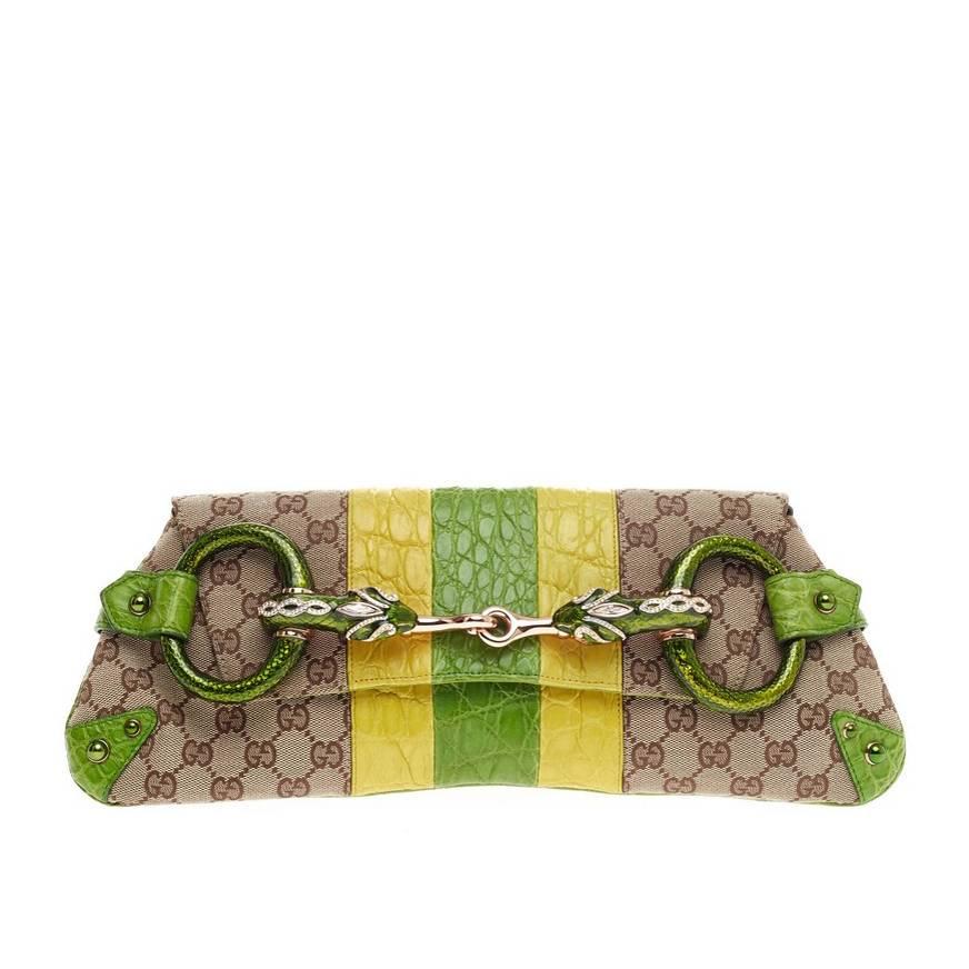 Gucci Jeweled Snake Head Horsebit Chain Strap Clutch GG Canvas and Alligator