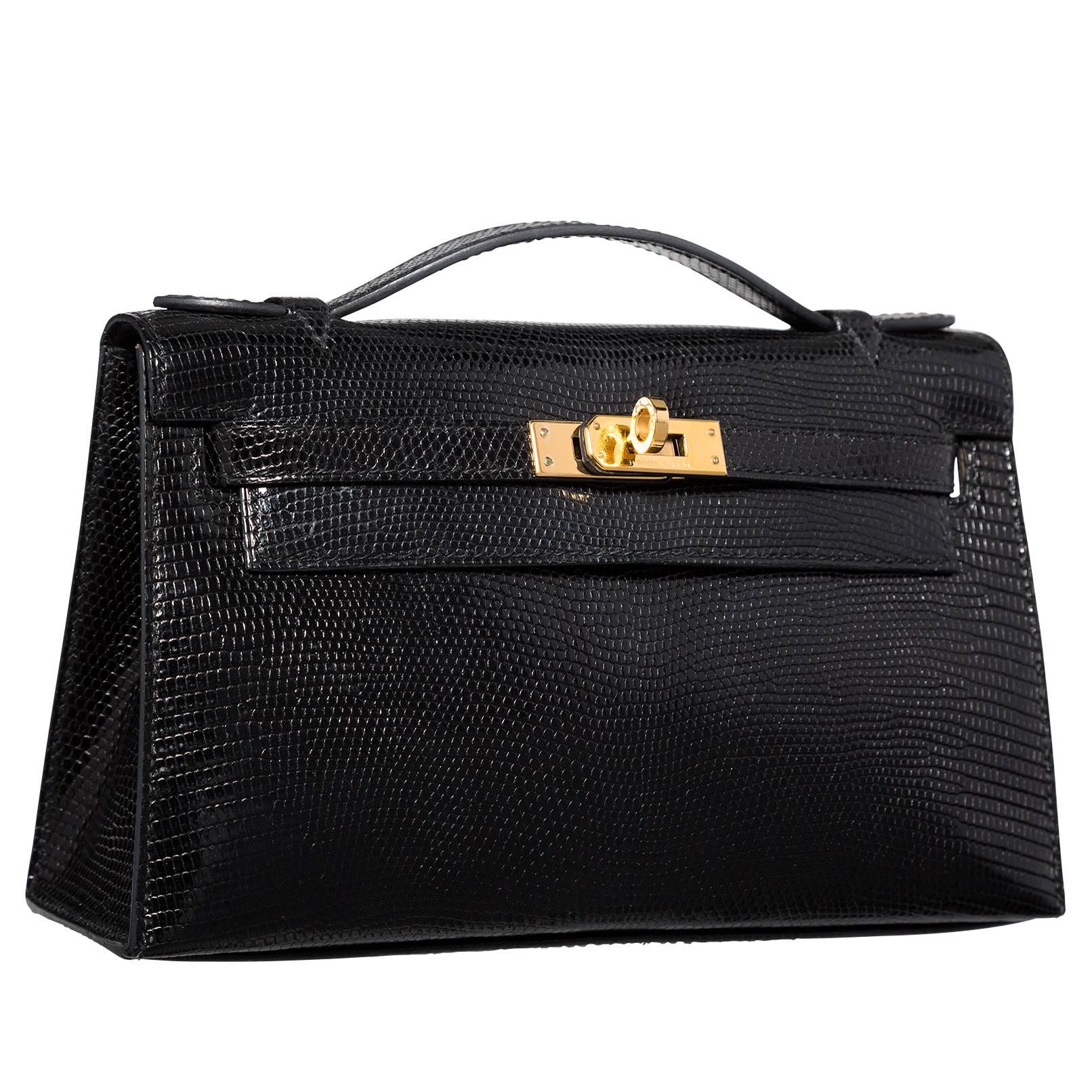 Hermes Black Nilo Lizard Kelly Pochette Bag with Gold Hardware For Sale