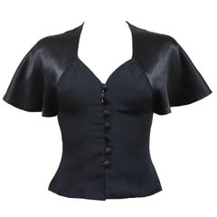Ossie Clark black moss crepe and satin button up blouse, c. 1970s