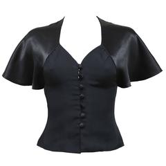 Ossie Clark black moss crepe and satin button up blouse, c. 1970s