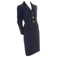 YSL Yves Saint Laurent Vintage Suit Midnight Blue Black Satin w Blazer & Skirt