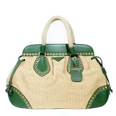 Prada Green Leather Woven Straw Tote Handbag 