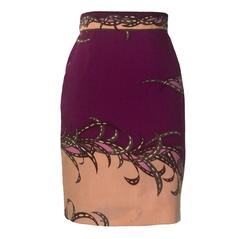 Emilio Pucci 1990s Pink and Maroon Pucci Feather Print Pencil Skirt