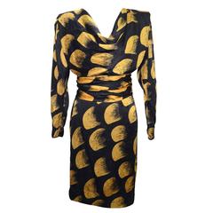 Emanuel Ungaro Black and Yellow Silk Print Dress with Belt Size 8 1980's
