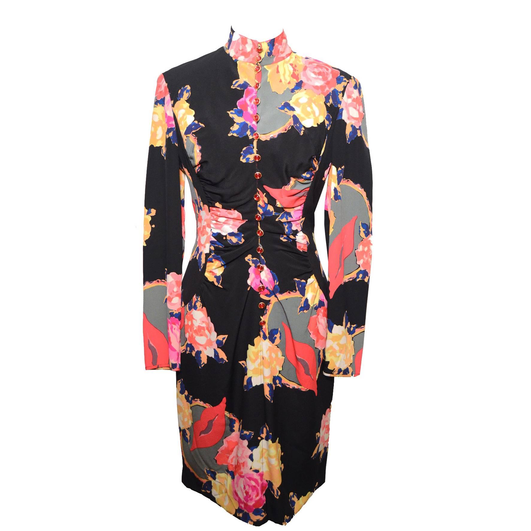 Ungaro Black Floral Print Silk Button Up Dress 1980's