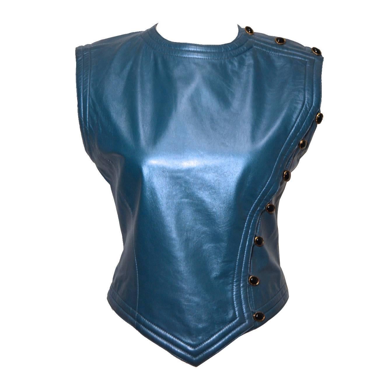 Ungaro Vintage Blue Leather Vest Size 38