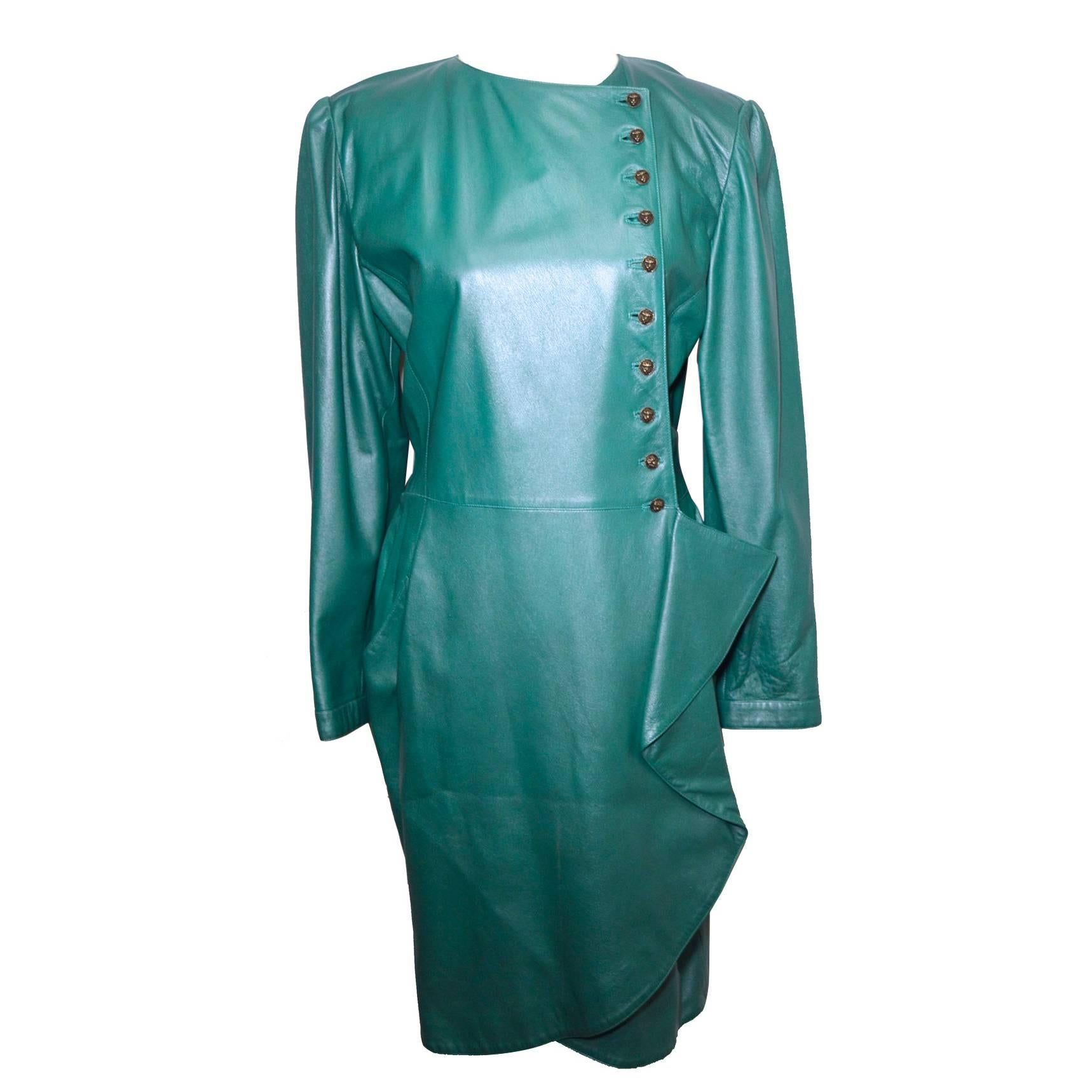 Ungaro Vintage Green Leather Wrap Dress Size 14 c1990s
