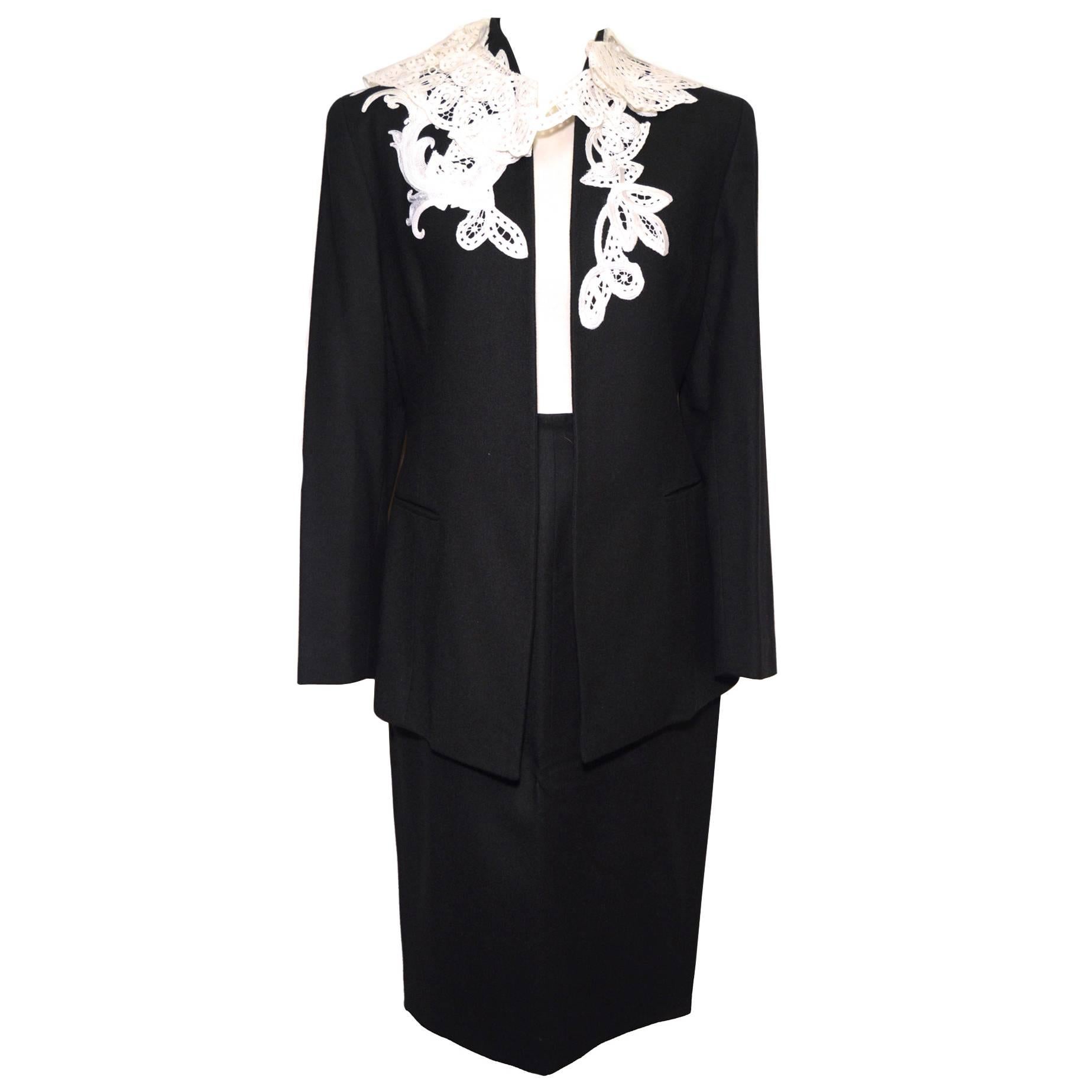Gianfranco Ferre for Nan Dunskin Vintage 1980s Black Wool Dress Suit with Lace T