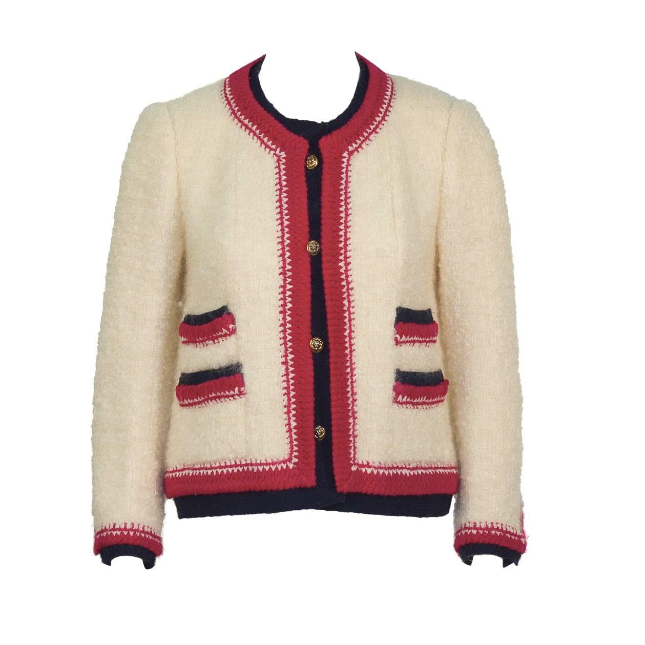1980's Chanel Cream Boucle Jacket with Colorful Trim