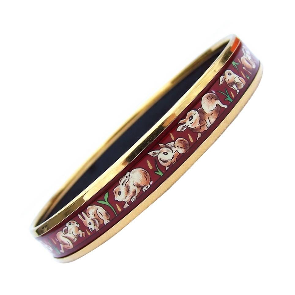 Hermes Printed Enamel Bracelet Rabbits Red GHW Narrow Size 65