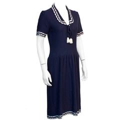 1980's Adolfo Navy knitted dress with White Piping 