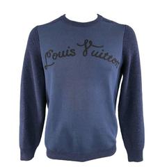 LOUIS VUITTON Size XL Navy Cashmere Blend Cursive Embroidered Pullover