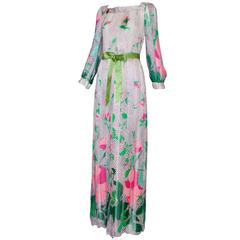 Hardy Amies Chiffon Polka Dot & Floral Printed Damask Gown