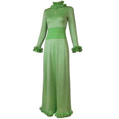 1970's Pucci Green Lurex Knit Maxi Dress w/Ruffle Trim & EP Logo