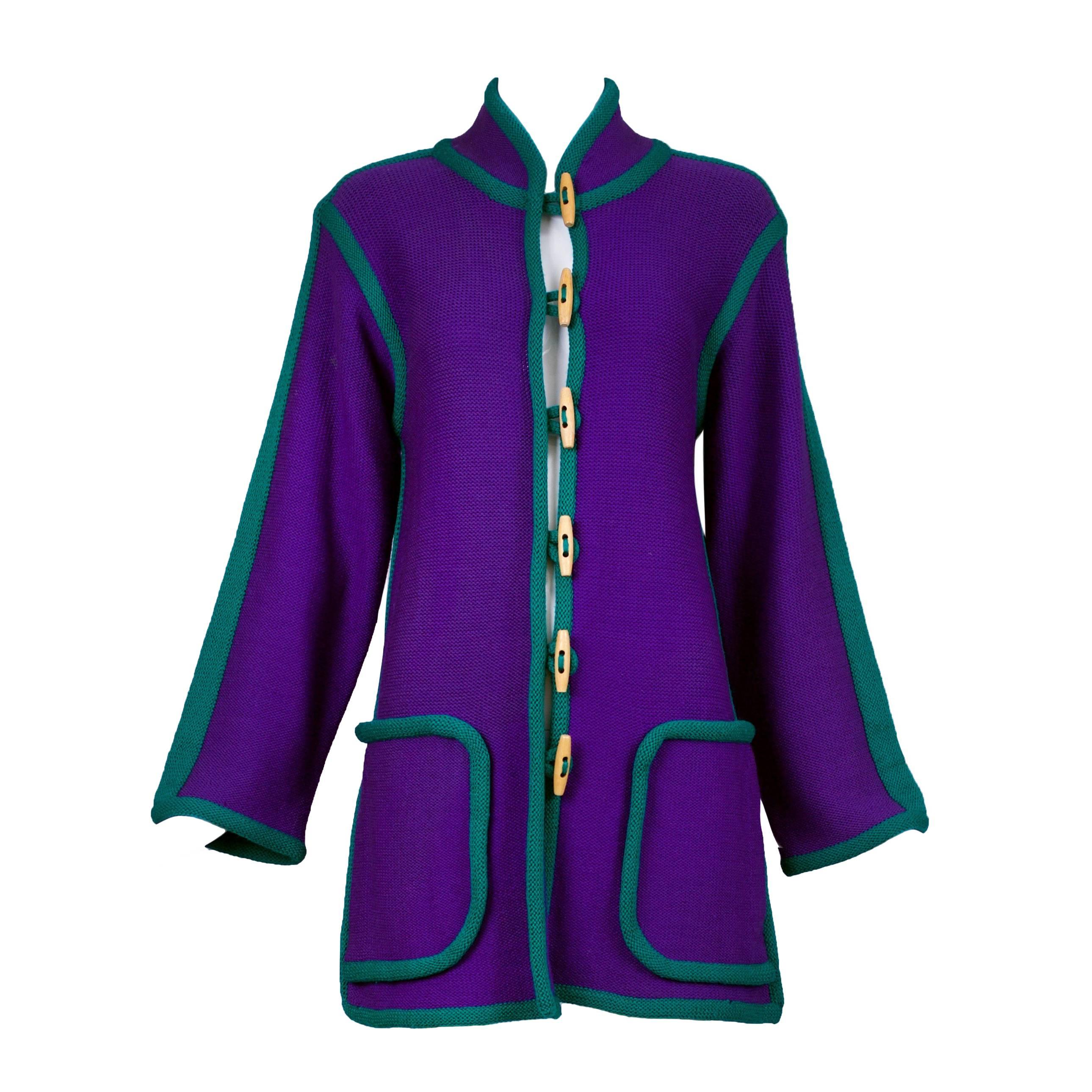 Vintage Yves Saint Laurent Purple Wool Knit Cardigan w/Green Trim&Toggle Buttons