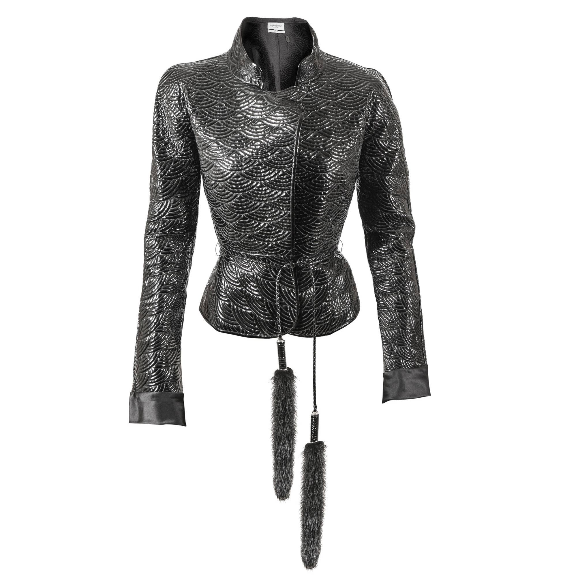 Tom Ford for Yves Saint Laurent Fall 2004 RTW Patent Leather & Mink Fur Jacket For Sale