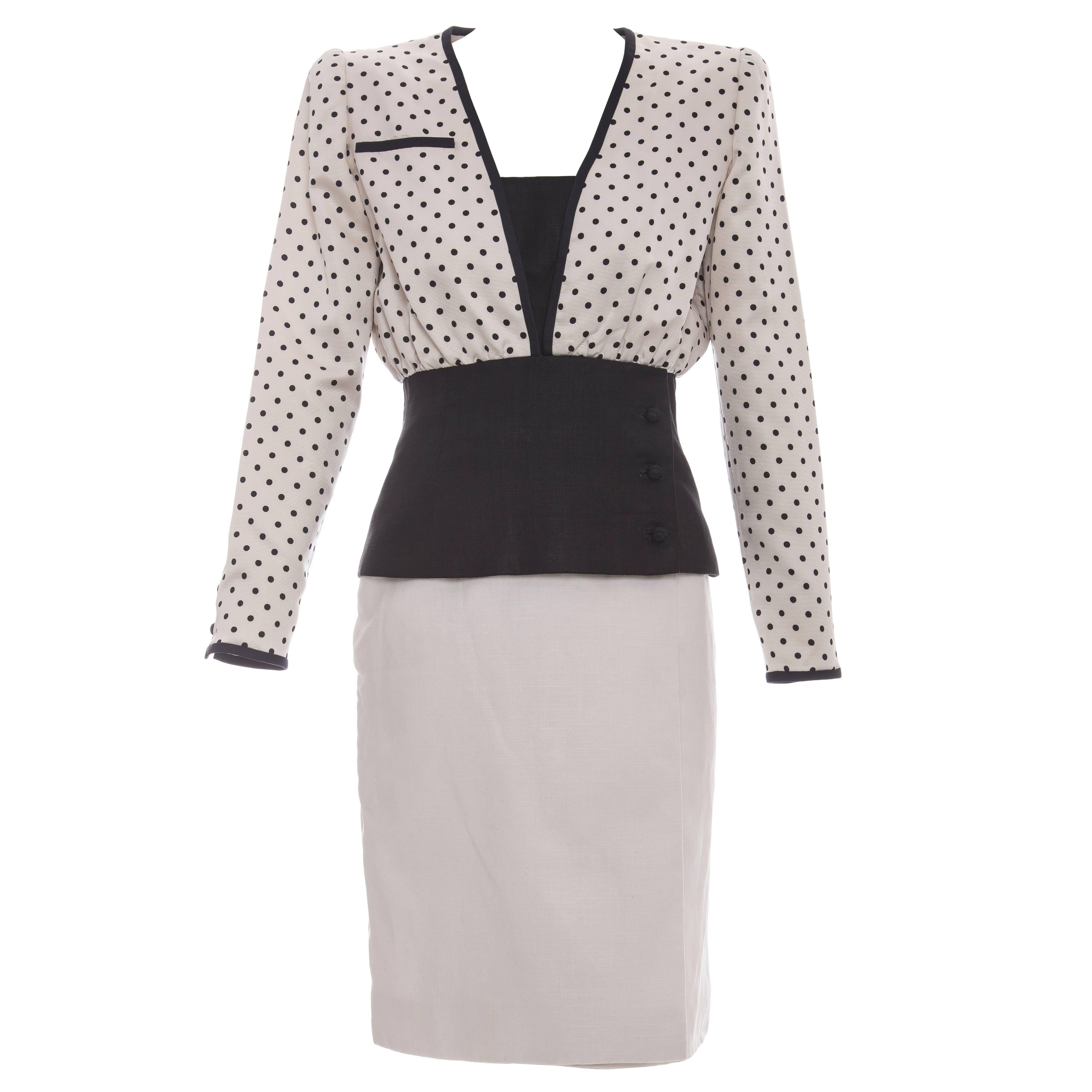 Valentino Haute Couture Polka Dot Silk Faille & Linen Skirt Suit, Circa: 1980's For Sale