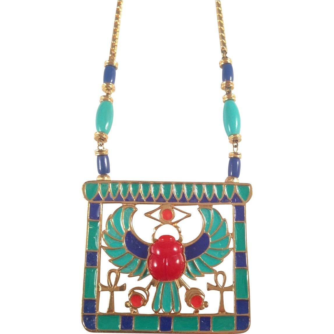 Hattie Carnegie Necklace 1960s Egyptian Revival Pendant For Sale