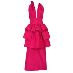 1970's Lanvin Fuchsia Silk Taffeta Halter Evening Gown Dress w/Detachable Apron