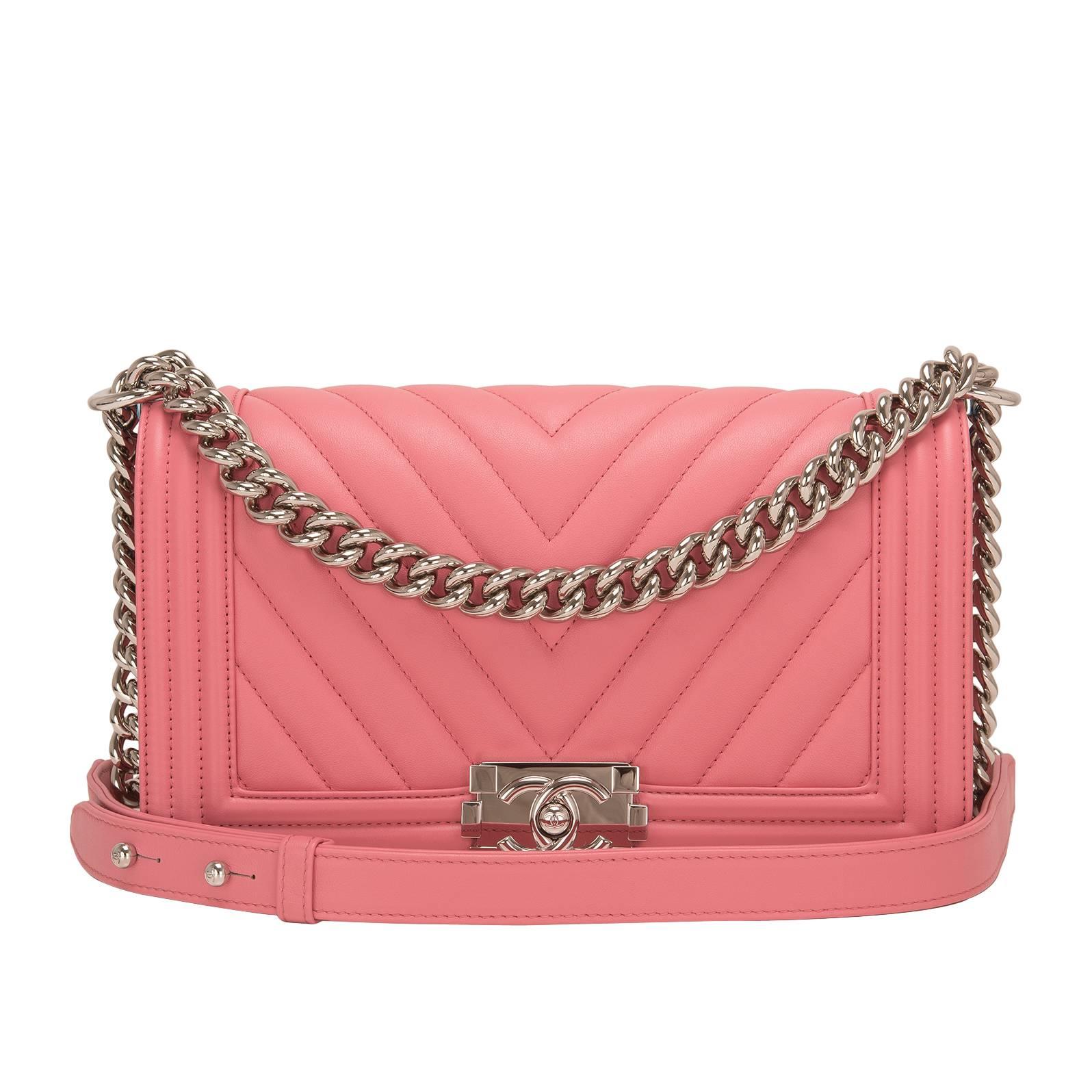 Chanel Pink Chevron Quilted Lambskin Medium Boy Bag For Sale