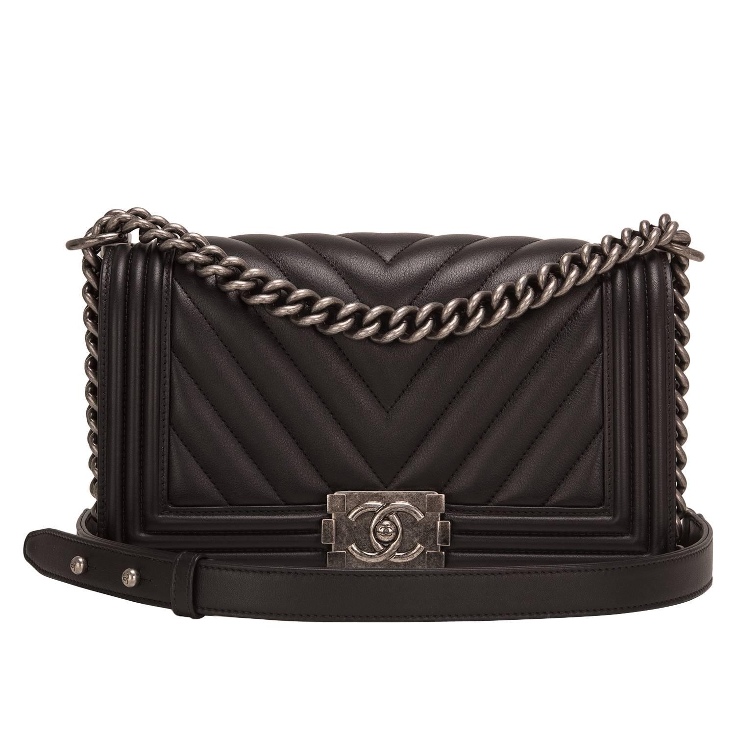 Chanel Black Chevron Quilted Lambskin Medium Boy Bag