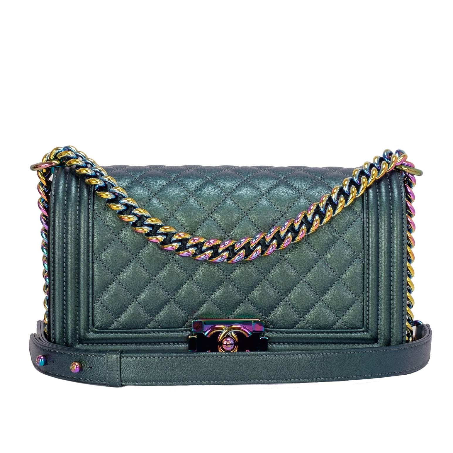 Chanel Green Iridescent Goatskin Medium Boy Bag