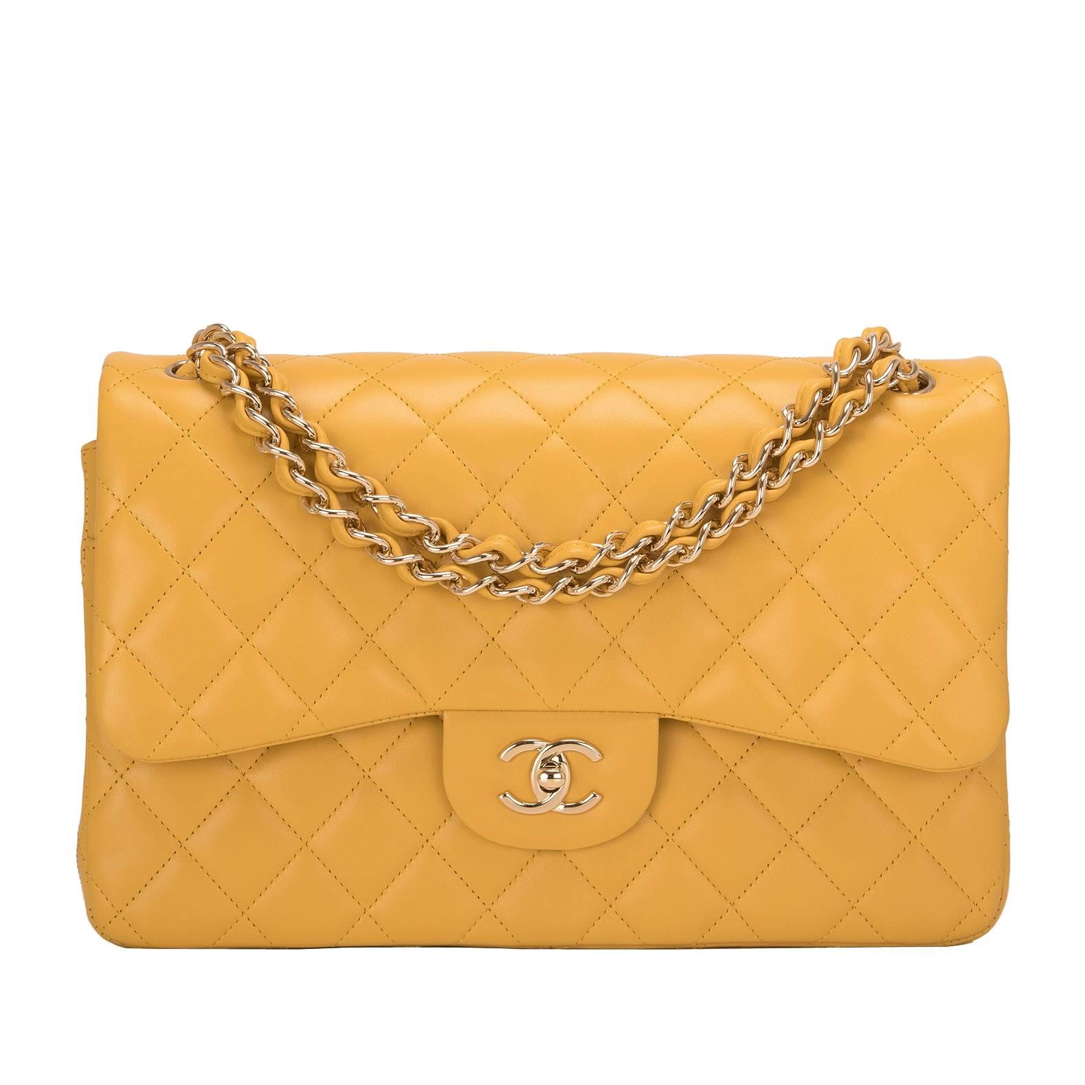 Chanel Yellow Quilted Lambskin Jumbo Classic Double Flap Bag 