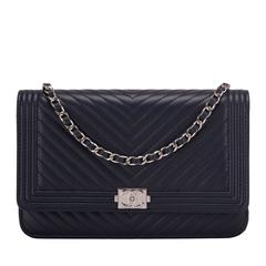 Chanel Navy Chevron Quilted Lambskin Boy Wallet On Chain (WOC)