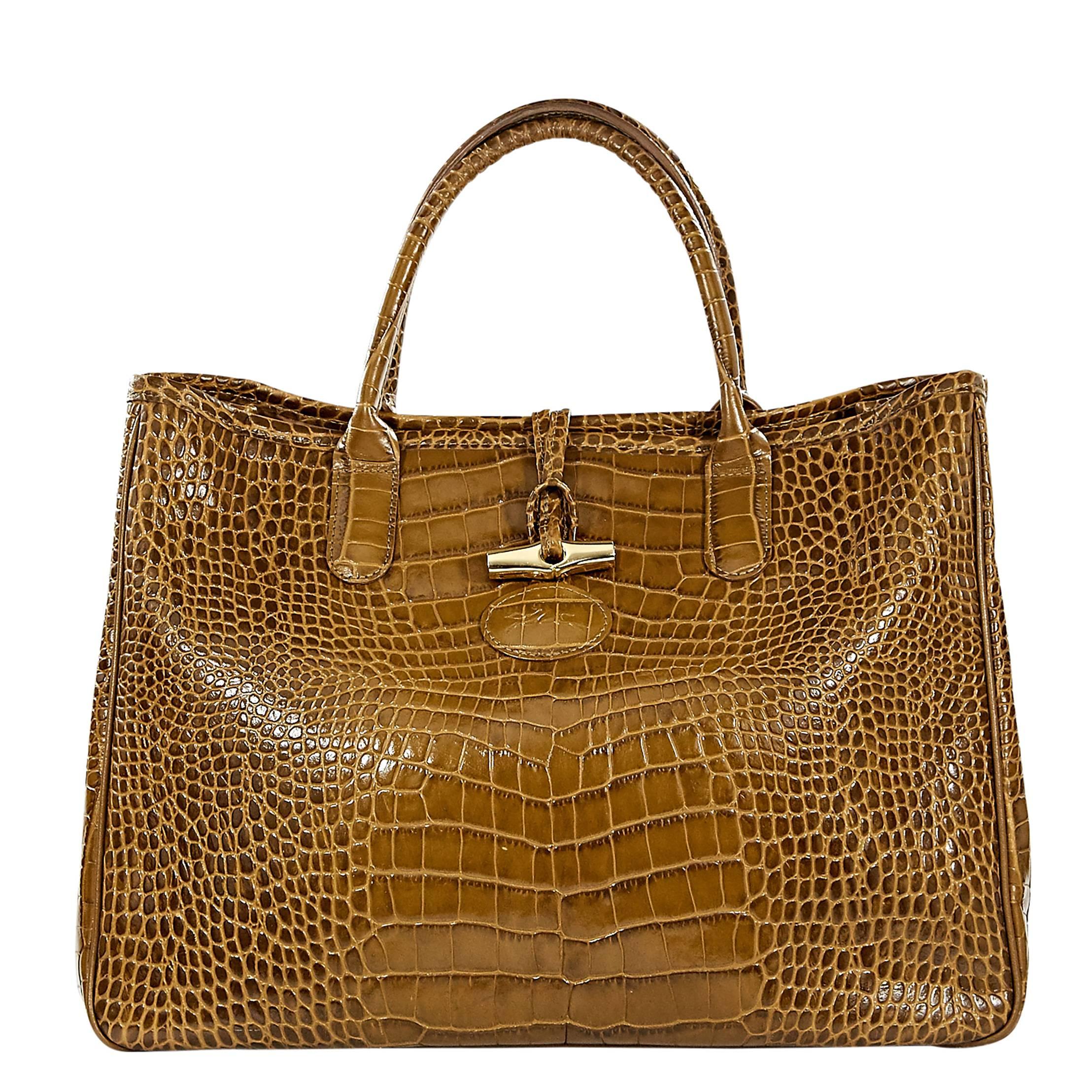 Olive Longchamp Crocodile-Embossed Tote Bag