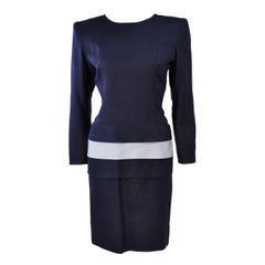 Vintage GIVENCHY COUTURE Navy Linen Color Block Dress with Bow Size 6