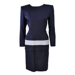 GIVENCHY COUTURE Navy Linen Color Block Dress with Bow Size 6 7