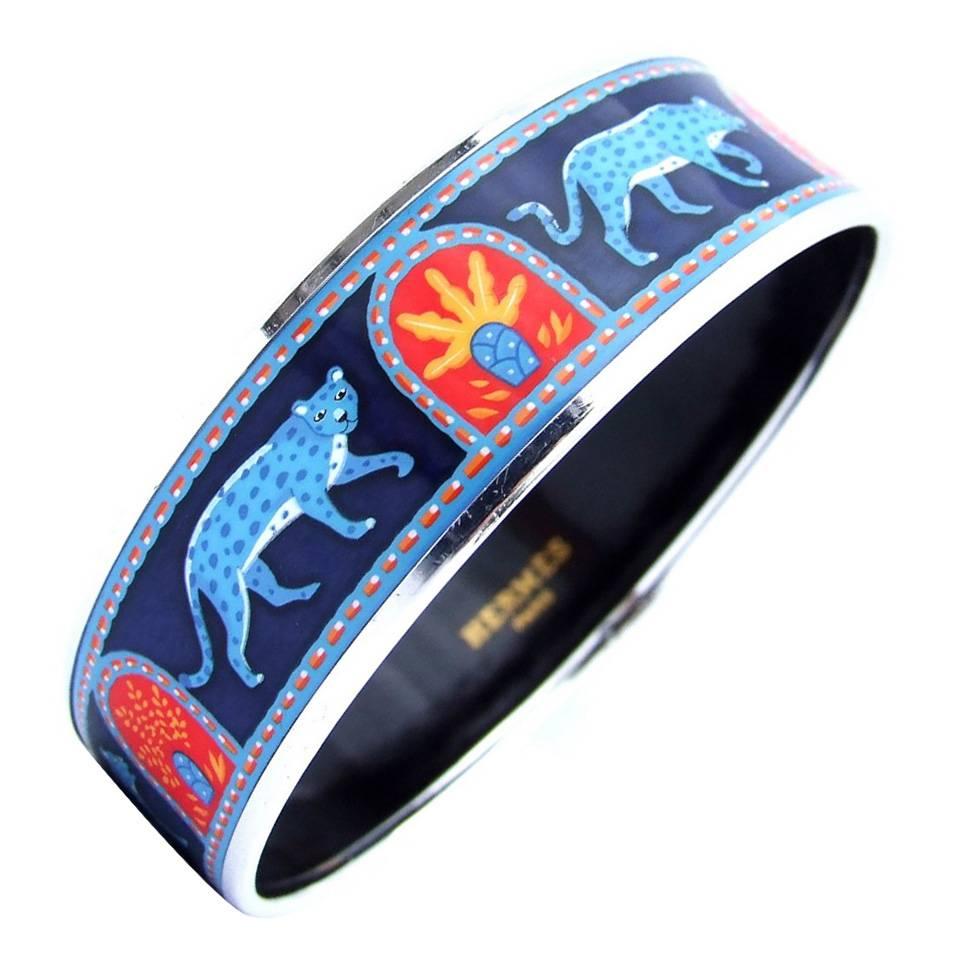Hermes Enamel Printed Bracelet Panthers Blue Phw Size 65