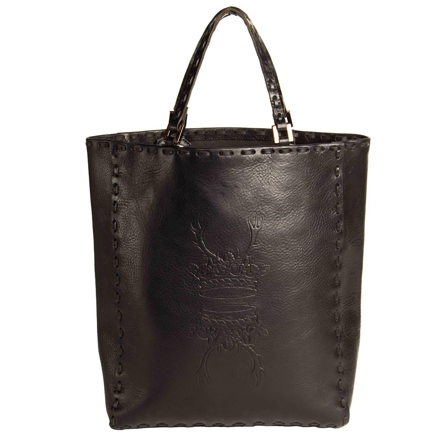 Fendi Black Leather Medium Tote Bag For Sale