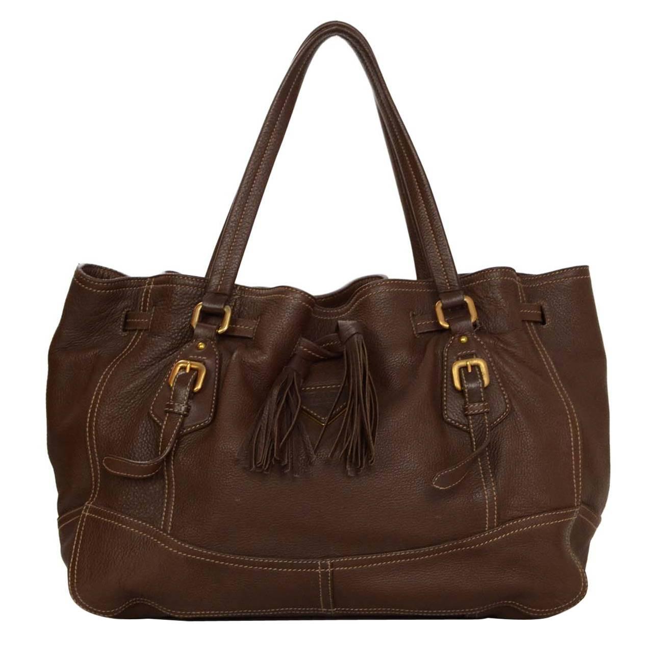 Prada Brown Leather Drawstring Tote Bag GHW