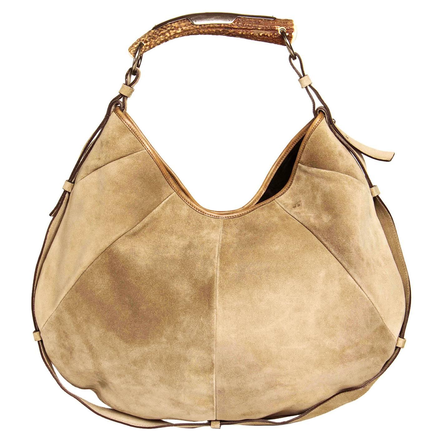 Yves Saint Laurent Iconic Taupe Suede Medium Hobo Bag with Horn Handle For Sale