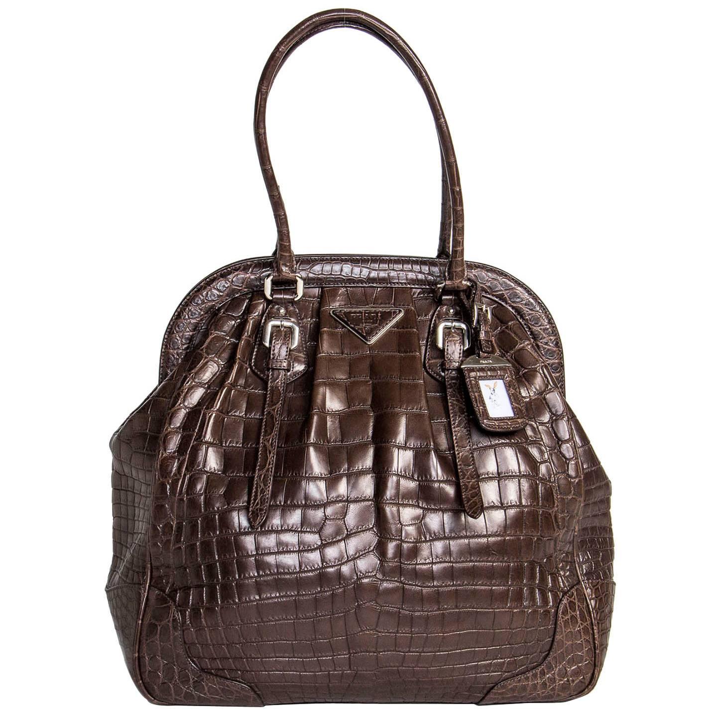 Prada Brown Crocodile Large Frame Bag For Sale