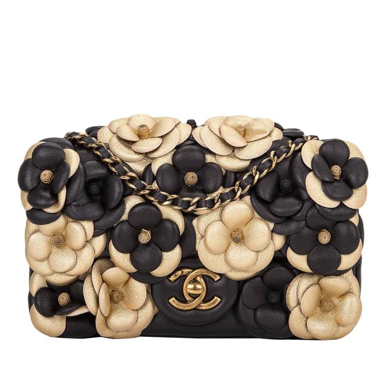 Chanel Black And Gold Camellia Lambskin Mini Classic Flap Bag at 1stDibs