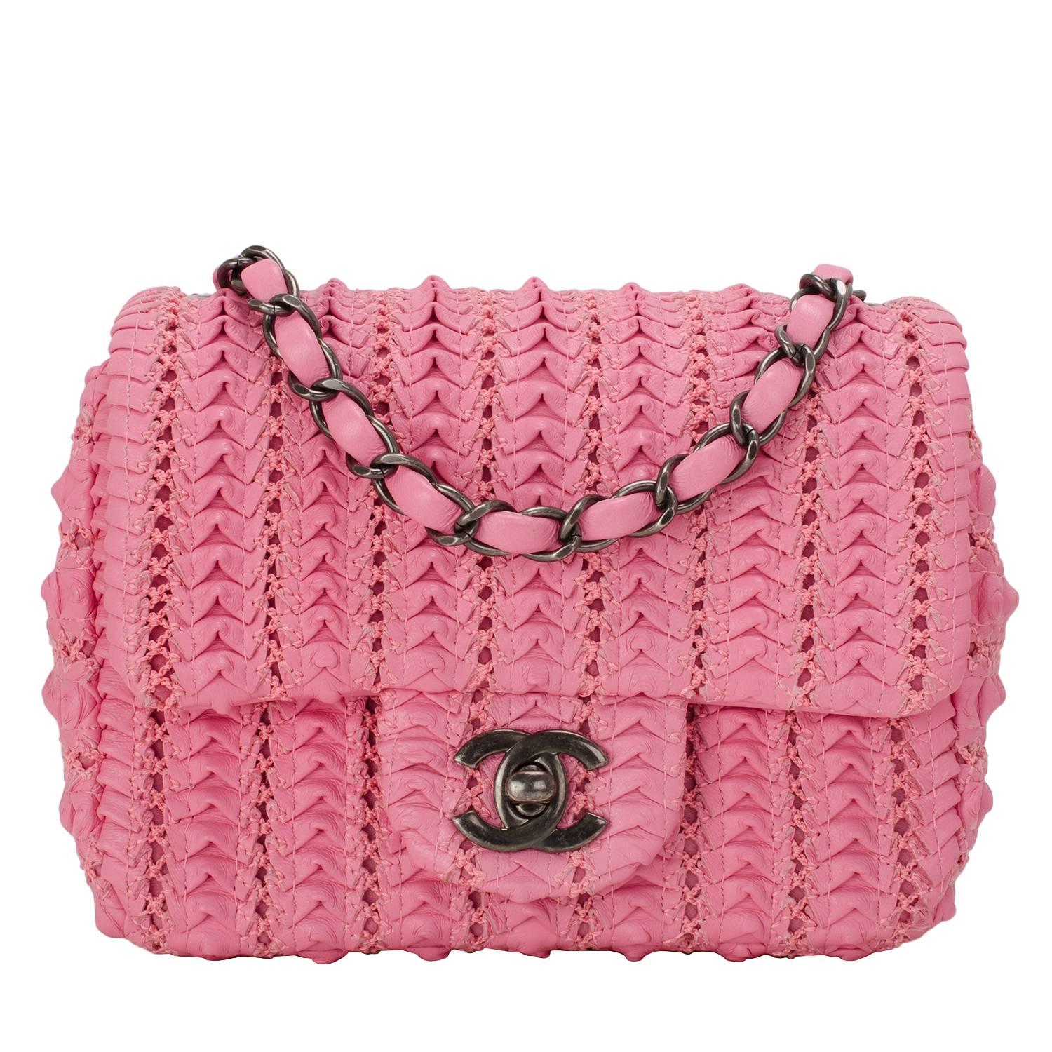 Chanel Pink Embroidered Lambskin Square Mini Flap Bag NEW For Sale