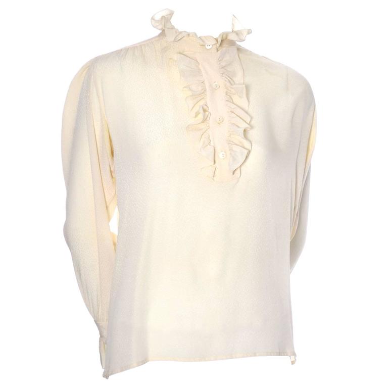 1970s Vintage YSL Yves Saint Laurent Cream Silk Blouse With Ruffles For ...