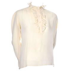 1970s Vintage YSL Yves Saint Laurent Cream Silk Blouse With Ruffles