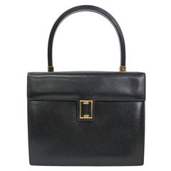 Vintage Gucci Black Leather Gold Hardware Kelly Box Ladylike Top Handle Satchel Bag