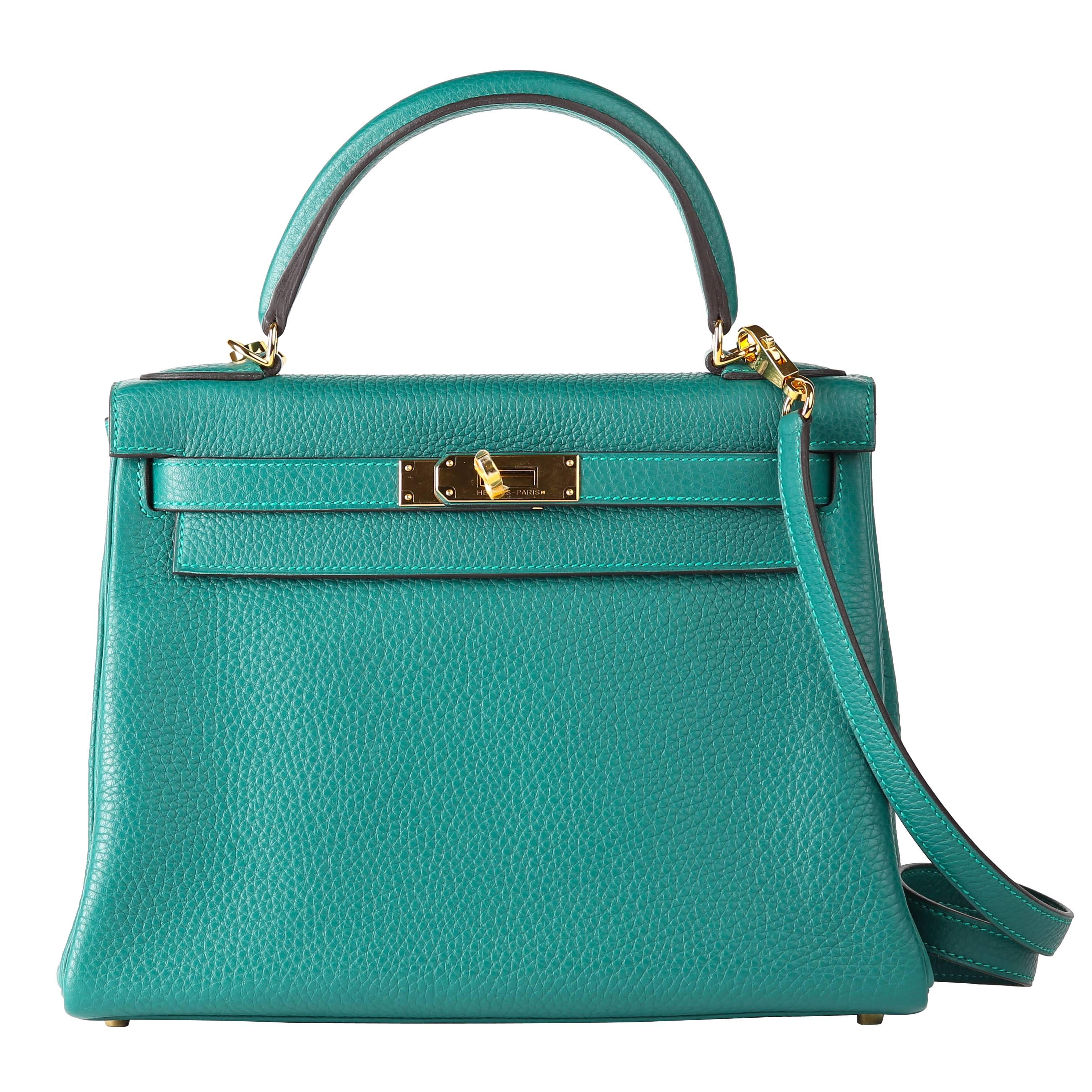 Kelly Malachite 28 CM Togo Leather with Gold HDW For Sale